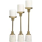Deco 79 Aluminum Slim Candle Holder with White Marble Base, Set of 3 15, 13, 11" H, Gold