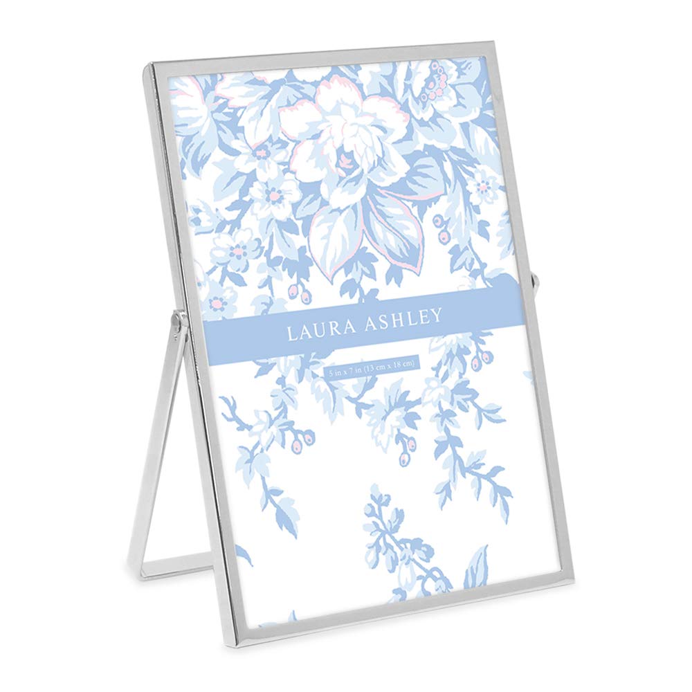 Laura Ashley 5x7 Silver Flat Metal Picture Frame (Vertical) with Pull-Out Easel Stand, Made for Tabletop, Counterspace, Shelf and Desk