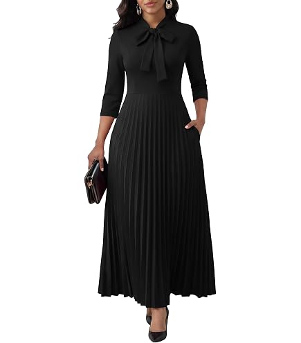 maxi formal dress for women office wear Runwind Womens 3/4 Sleeve Button Down Pleated Church Work Dress formal navy blue dress