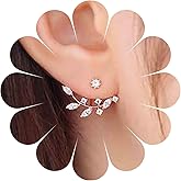 Yheakne Boho Crystal Leaf Ear Jackets Earrings Rose Gold Cz Crystal Earrings Rhinestone Front Back Studs Earrings Minimalist Earrings Jewelry for Women (Rose Gold)