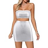 Vimoisa Women Sexy Shiny Metallic Silver Off Shoulder Tube Top Crop Vest Short Skirt Set Two Piece Outfit Suit