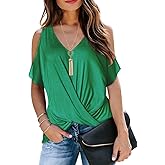 LEIYEE Womens Summer Cold Shoulder Tops Short Sleeve Front Twist Knot V Neck T Shirts Draped Blouses