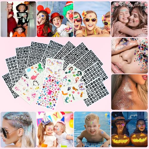Children's Glitter Tattoo Set, 48 Colours, Glitter Tattoos, Girls, 540 Stencils, 115 Rhinestones, 5 Brushes, 4 Glues, Waterproof Temporary Tattoos for Children, Gift for Birthday, Party, Christmas