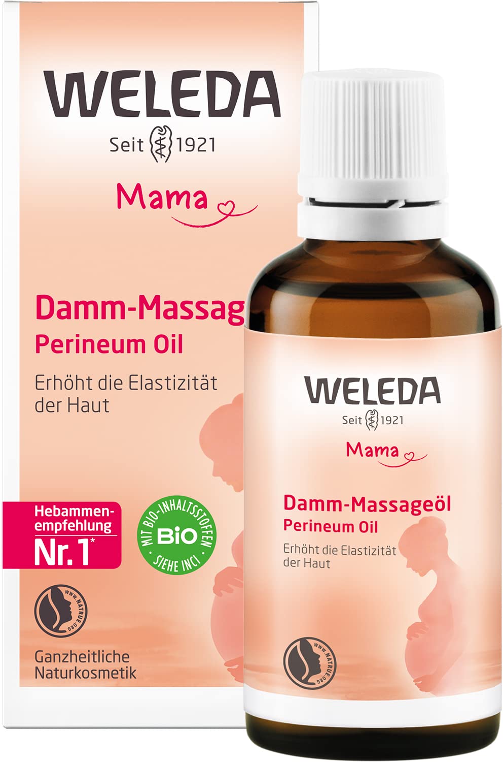 WELEDA Bio Mama Damm Massageöl - veganes Naturkosmetik Schwangerschaftsöl mit Jojobaöl & Sesamöl beugt Dammrissen bei der Geburt vor - Hautpflege Körperöl erhöht die Elastizität der Haut (1x 50ml)