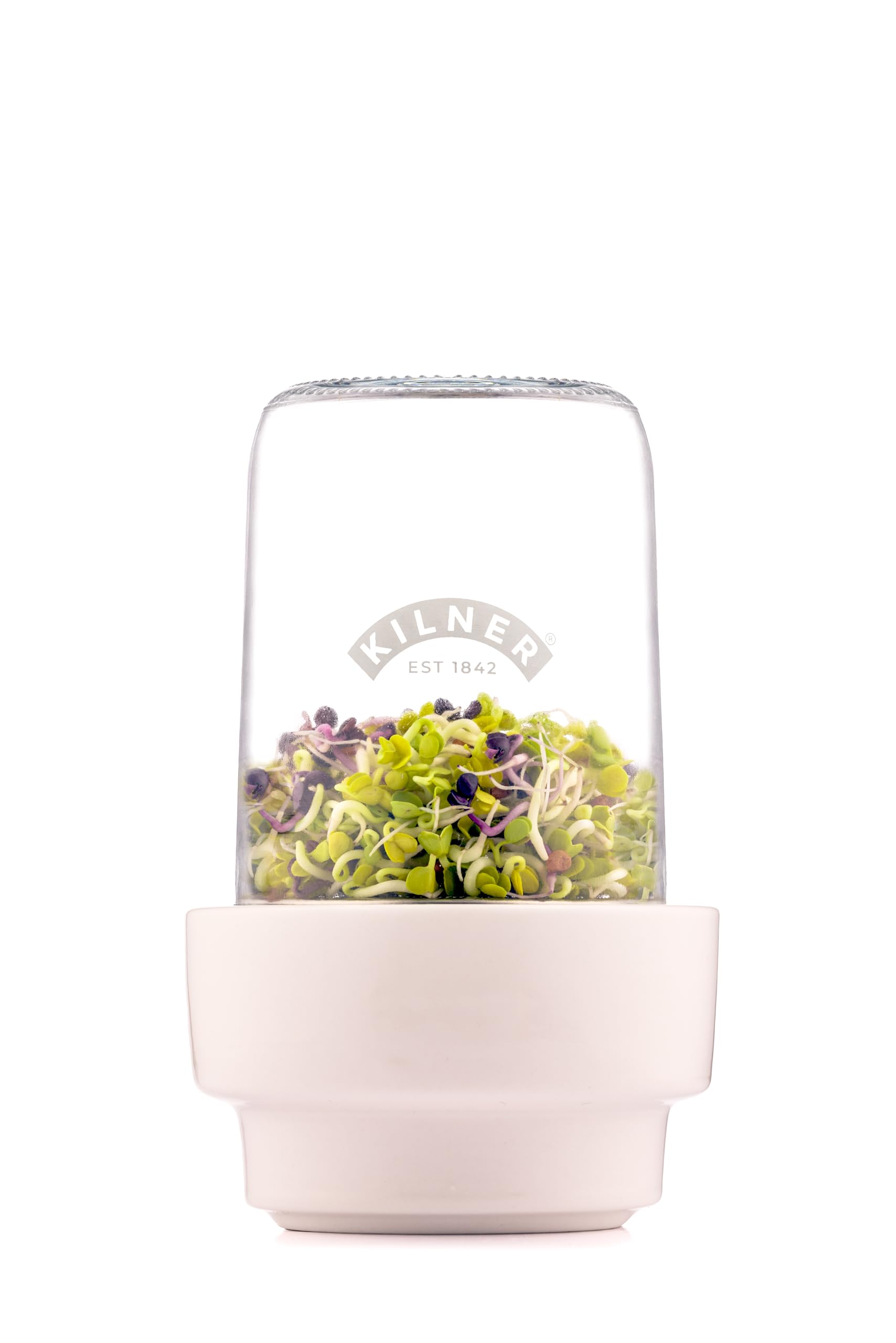 Kilner 0.5L Sprouting Set Glass Jar with Stainless Steel Lid Ceramic Base & Recipe Booklet Ideal for Growing Broccoli Beans Radish Lentils BPA-Free Sustainable Dishwasher Safe