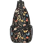 SUPLUCHOM Sling Bag Wildflower Botanical Butterfly Flower Hiking Daypack Crossbody Shoulder Backpack Travel Chest Pack for Men Women