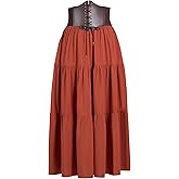YESSA Womens Renaissance Flowy Skirt with Corset Belt,High Waist Ren Faire Medieval Skirt with Pocket,Pirate Costumes Outfit