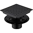 Orhemus 6 Inch Square Shower Drain with Adjustable Shower Drain Base Flange, SUS 304 Stainless Steel Floor Drain with Removable Cover Grid Grate, Matte Black