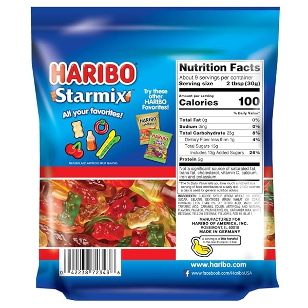 HARIBO GUMMI CANDY, STARMIX GUMMY CANDY, 9 OUNCE RESEALABLE SHARE SIZE STAND UP BAG, DELICIOUS SOFT & CHEWY SWEET SNACKS, ASSORTED FRUITY FLAVORS