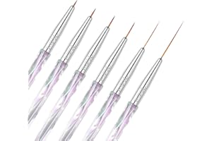 Yasterd Nail Art Liner Brushes, UV Nail Gel Polish Painting Nail Art Design Brush Pen Set for Long Lines, Short Strokes, Details, Blending, Elongated Lines Sizes 5/7/9/11/20/25mm Crystal Handle 6Pcs