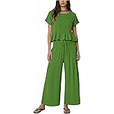 Dorwon Womens 2-Piece Ruffle Smocked Set Short Sleeve Peplum Top Wide-Leg Pants with Pockets