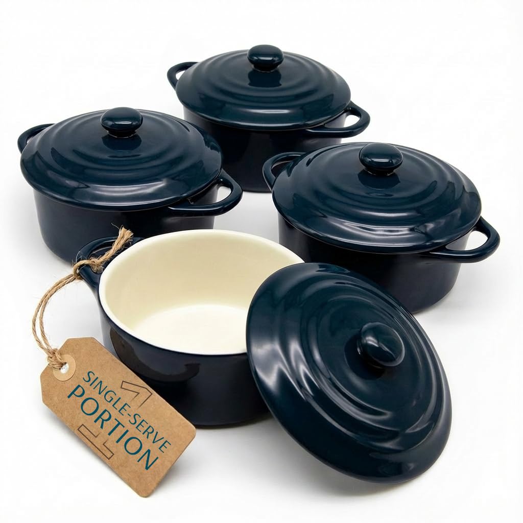 Kook Ceramic Mini Cocotte Set, Small Casserole Dishes with Lids and Handles, Individual Baking Ramekins, Oven, Microwave & Dishwasher Safe, Stoneware, 12 oz, Set of 4, (Navy)