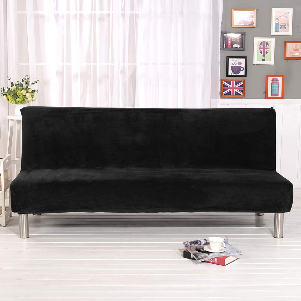 Mingfuxin Armless Sofa Bed Cover, Velvet Plush Stretch Futon Slipcover, Anti-slip Couch Covers Furniture Protector Fits for 2-3 Seater Folding Sofa Bed without Armrests (Velvet/Black)