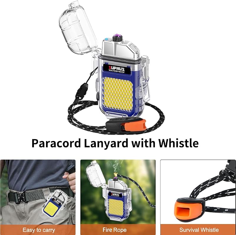 Encendedor impermeable y resistente al viento, doble arco, de plasma, eléctrico, recargable, con silbato de emergencia de supervivencia y cordón, color azul