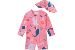WYTbaby Baby Girl Swimsuit Long Sleeve Rash Guard with Hat One Piece Front Zip Bathing Suit Toddler Sun Protection