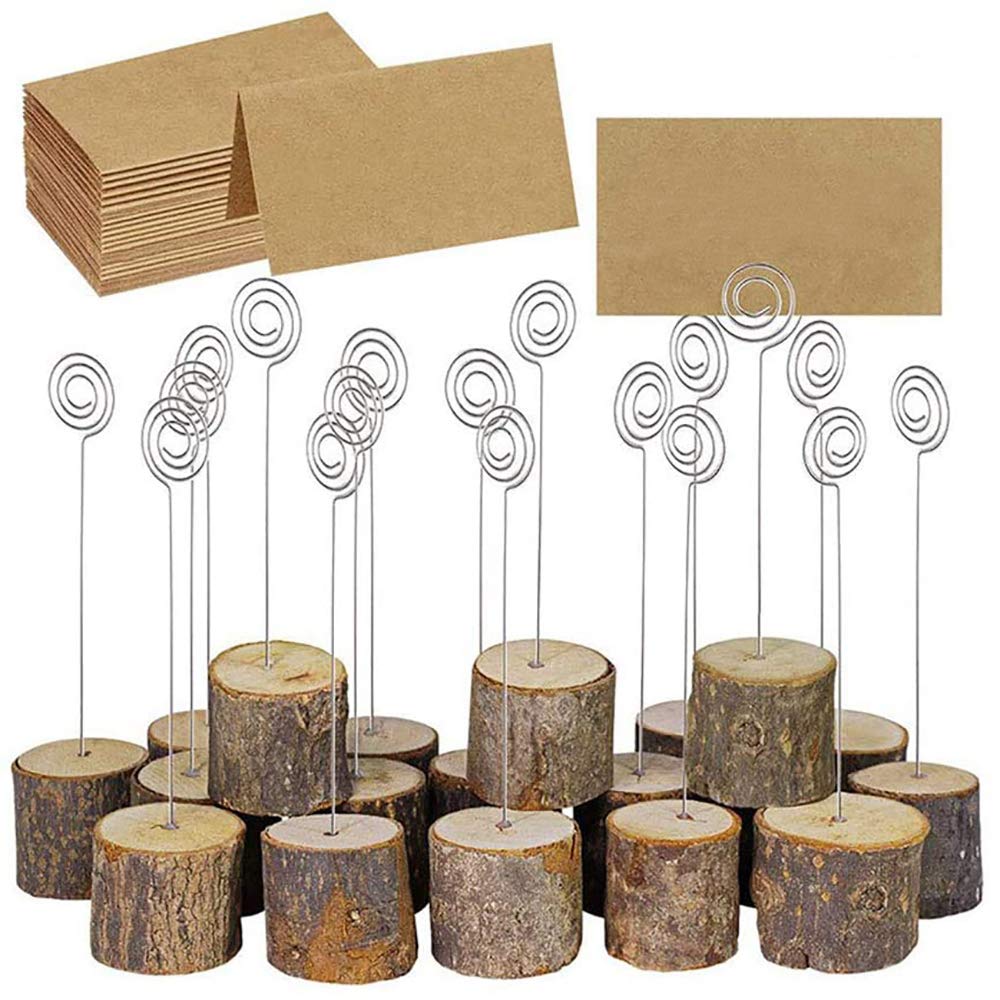 15 Sets Place Card Holders, Rustic Real Wood with Wooden Bark Table Card Holder, Note Clip for Pictures, Memo, Name Cards, Wedding Place Card, Table Numbers, Price Tags (15 Holders + 15 Kraft Paper )