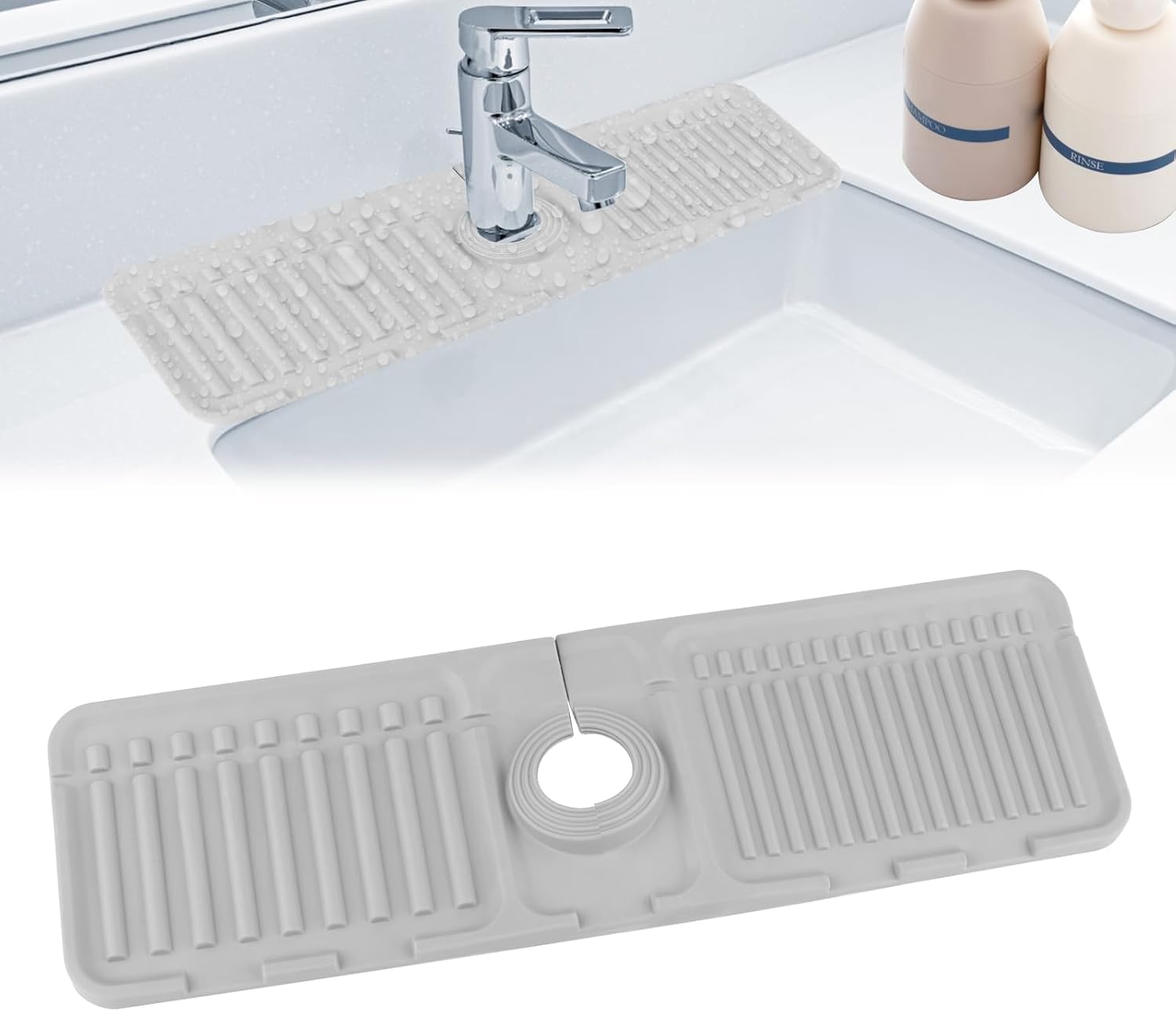 Photo 1 of 2 Pcs 40x12 cm Silicone Faucet Mats for 3.5-6cm Faucets Handle Drip Catcher Tray Faucet Sink Splash Guard Drying Mat for Kitchen Bathroom Counter Drying Pad Faucet Draining Pad (Grey)