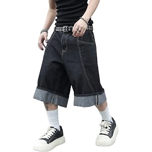 VIPWOLF Men's Jorts Y2K Wide Leg Grunge Roll Up Hem Baggy Jean Shorts | Oversized Loose Fit, Streetwear Hip Hop Punk Denim Sh