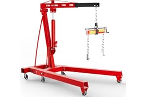 BLUEIAN Engine Hoist with Leveler, 5000 LBS Folding Cherry Picker Engine Hoist with with 8 Ton Hydraulic Ram Jack, Heavy Duty Alloy Steel Cherry Picker Shop Crane Engine Lift for Workshop Warehouse, Red