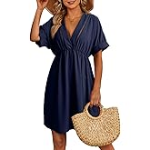 Dokotoo Swimsuit Coverup for Women Hollow Out V Neck Short Sleeve Bathing Suit Bikini Beach Cover Ups Dress Vacation Outfits