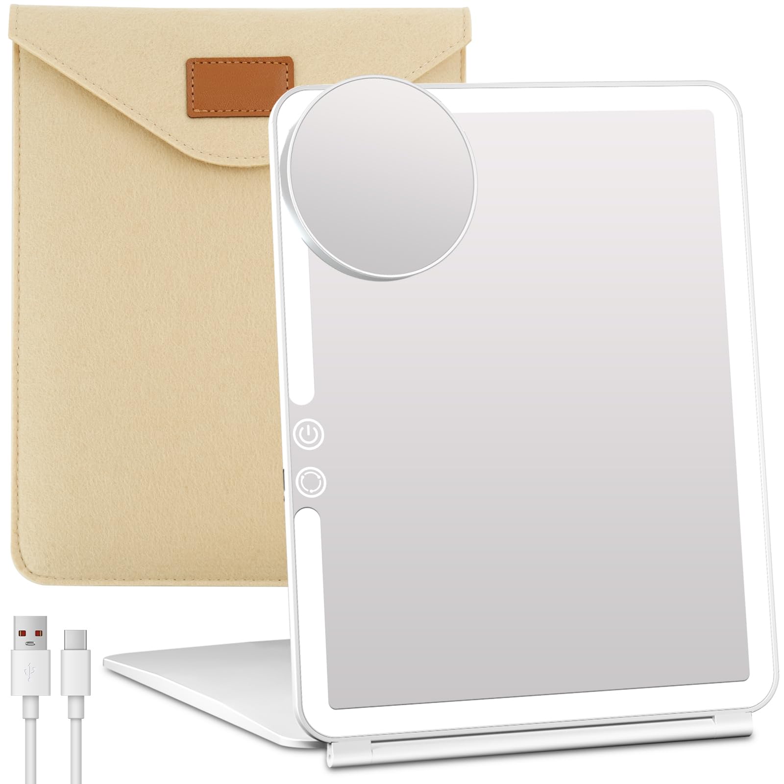 FUNTOUCH Large Rechargeable Travel Makeup Mirror with 10X Magnifying, 3 Lighting Modes, Dimmable Touch Screen, Tabletop Folding Travel Mirror with Storage Bag — image 1