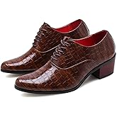 Men's Stone Pattern Chunky Heel Leather Dress Oxford Shoes Fashion Classic Pointed Toe Lace Up Low Top Business Formal Derby Shoes