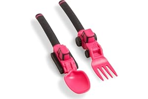 Dinneractive Utensil Set for Kids – Construction Themed Fork and Spoon for Toddlers and Young Children – 2-Piece Set - Fuschia