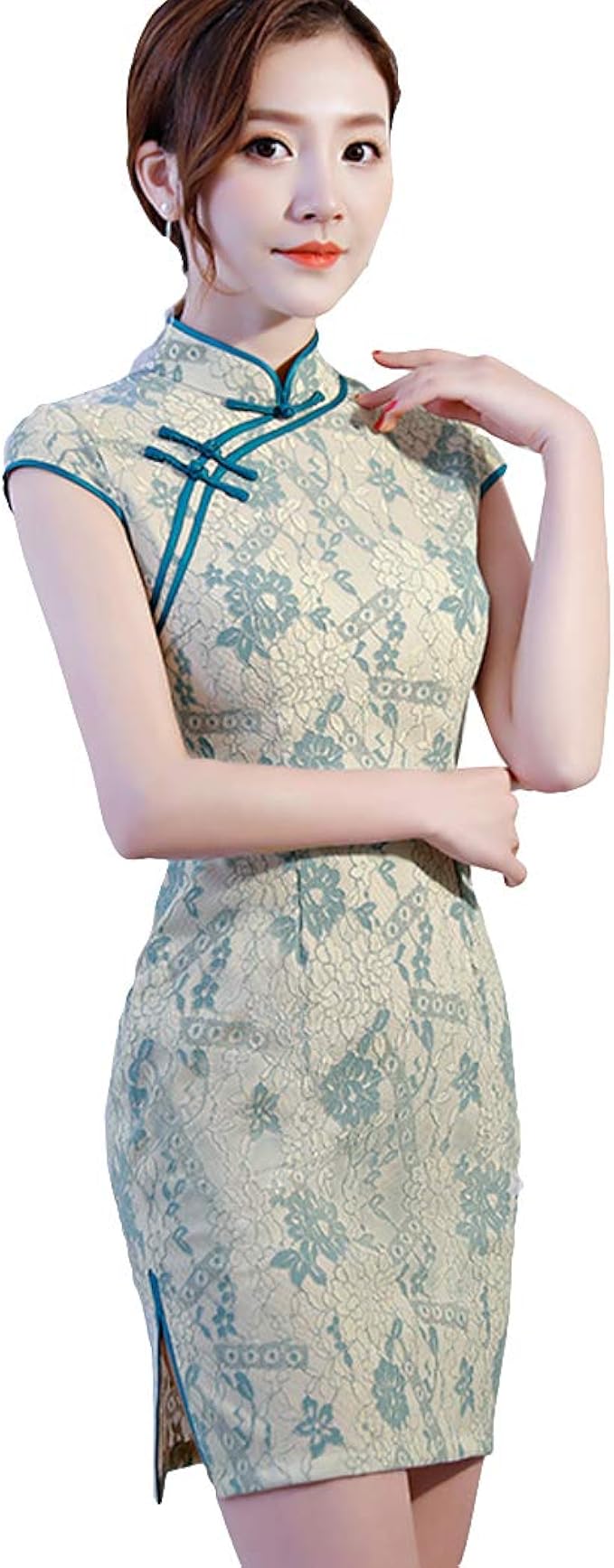 Amazon Co Jp Zuomaレディース チャイナドレス タイトスカート 改良したチーポオ レースワンピース ロング 少女ワンピース 唐装 淑やか 大きいサイズs 3xl 服 ファッション小物