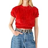 Women Fuzzy Crop Sweaters Furry Crew Neck Short Sleeve Knit Pullover Tops Trendy Casual Loose Fluffy Fur Tops