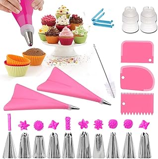 Kuchen Spritztüllen Backgeschirr, 20 Stück Kuchen Dekorieren Werkzeug Set Professionelle Edelstahl DIY Zuckerguss-Werkzeug mit Wiederverwendbaren Spritzbeutel, Kupplungen und Kuchen Schaber (Rosa)