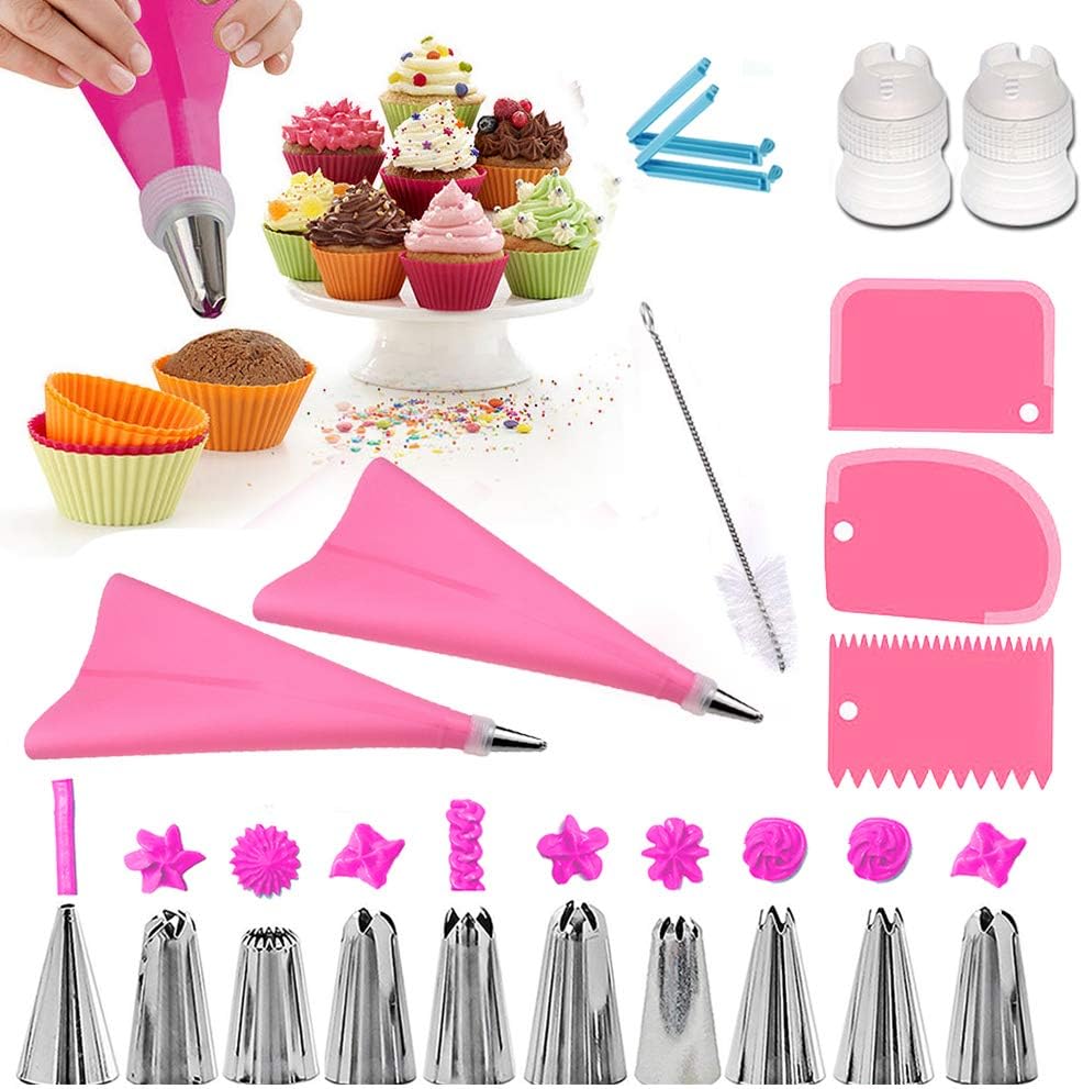 Kuchen Spritztüllen Backgeschirr, 20 Stück Kuchen Dekorieren Werkzeug Set Professionelle Edelstahl DIY Zuckerguss-Werkzeug mit Wiederverwendbaren Spritzbeutel, Kupplungen und Kuchen Schaber (Rosa)