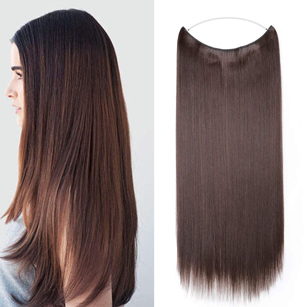 One Piece 24inch Long Straight Wire String Hairpiece Extensions Wire on Hairpiece Invisible Heat-Resistant #Light Brown