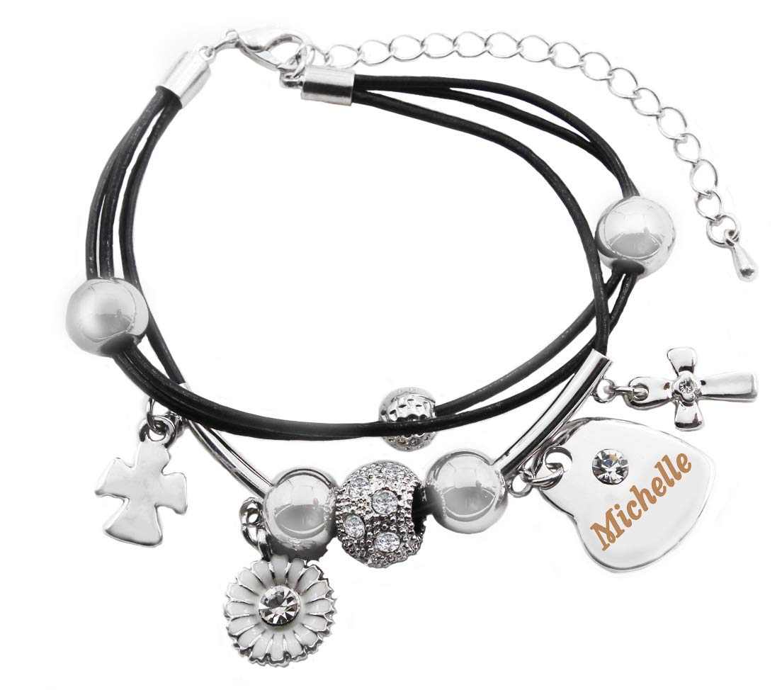 Kigu Michelle Name Bracelet - Genuine Leather Multi Strand Bracelet & 18K White Gold Plated Engraved Heart Charm