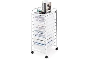 SILKYDRY Rolling Storage Cart with 10 Drawers, Versatile Utility Cart with Wheels for Tool Paper Scrapbook Art Supply, Mobile Craft Organizer Cart for Home Office School (Clear)