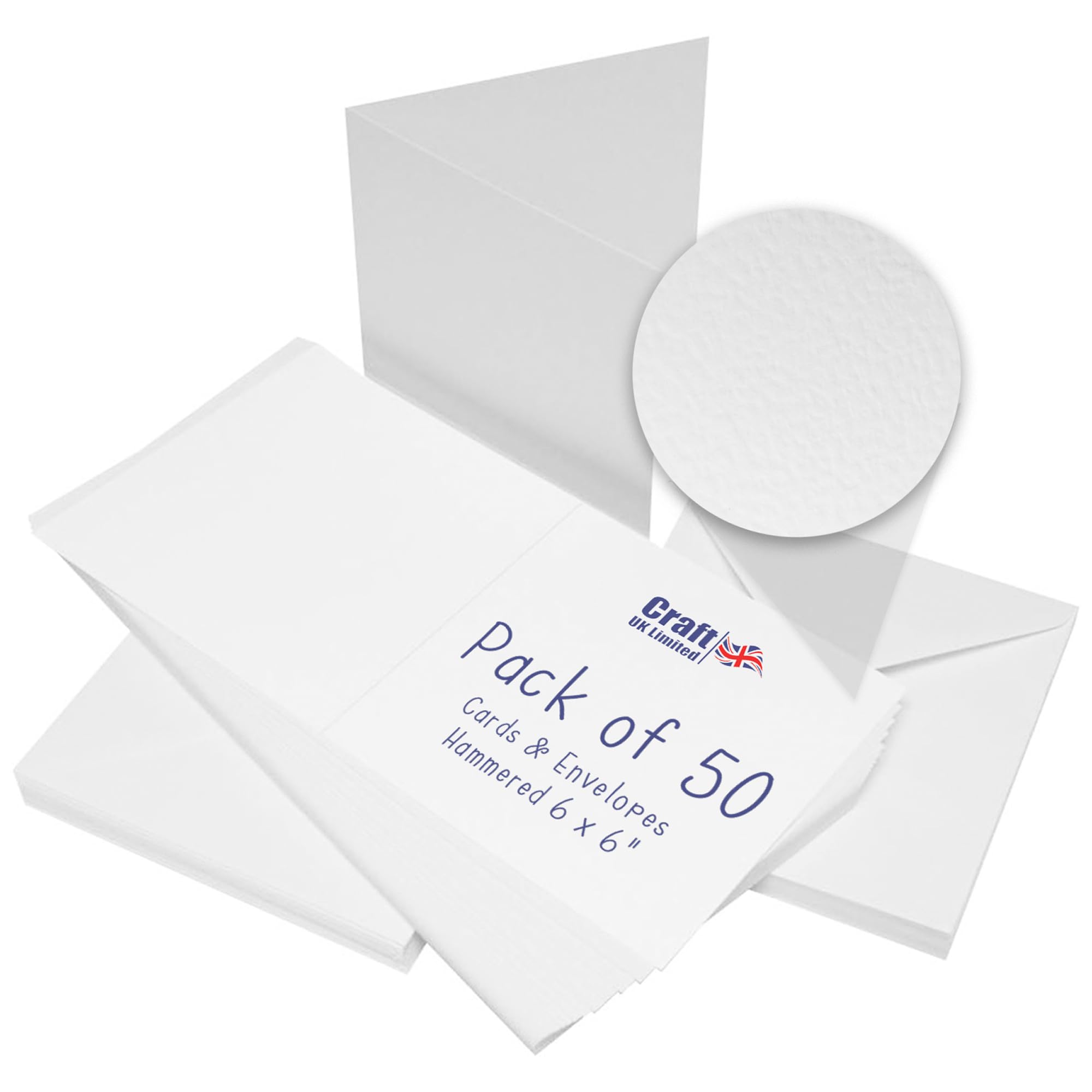 Craft UK, 50 Hammered Blank Cards and Envelopes for Card Making, 300gsm, Made in the UK, Lasting Quality, White, 6 x 6-Inch