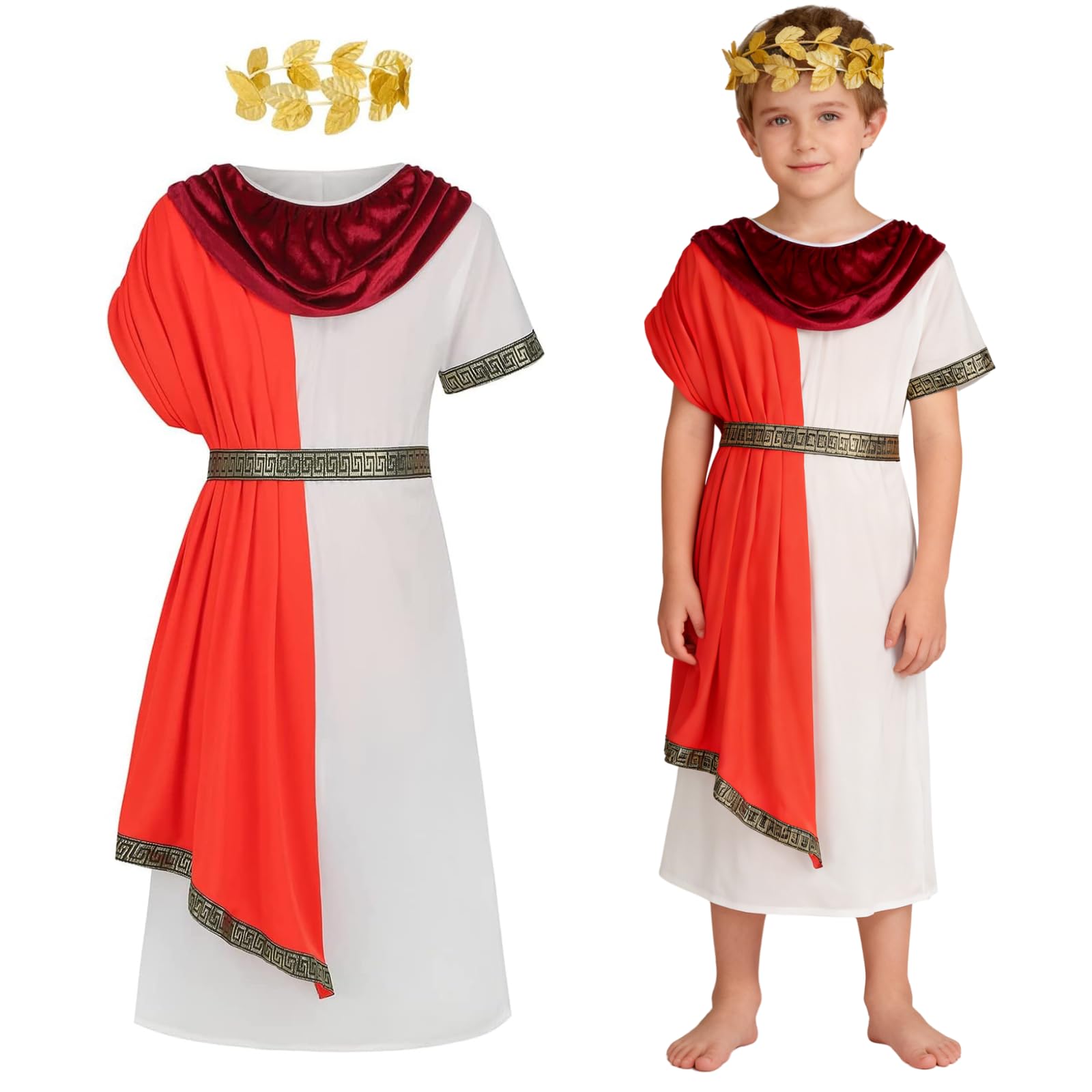 maxToonrain Deluxe Roman Toga Costume for Kids, Ancient Greek Costume for Boys/Girls, Halloween Greek Day World Book Day Fancy Dress with Red Robe Tiara Belt (12-14 Year, X-Large)