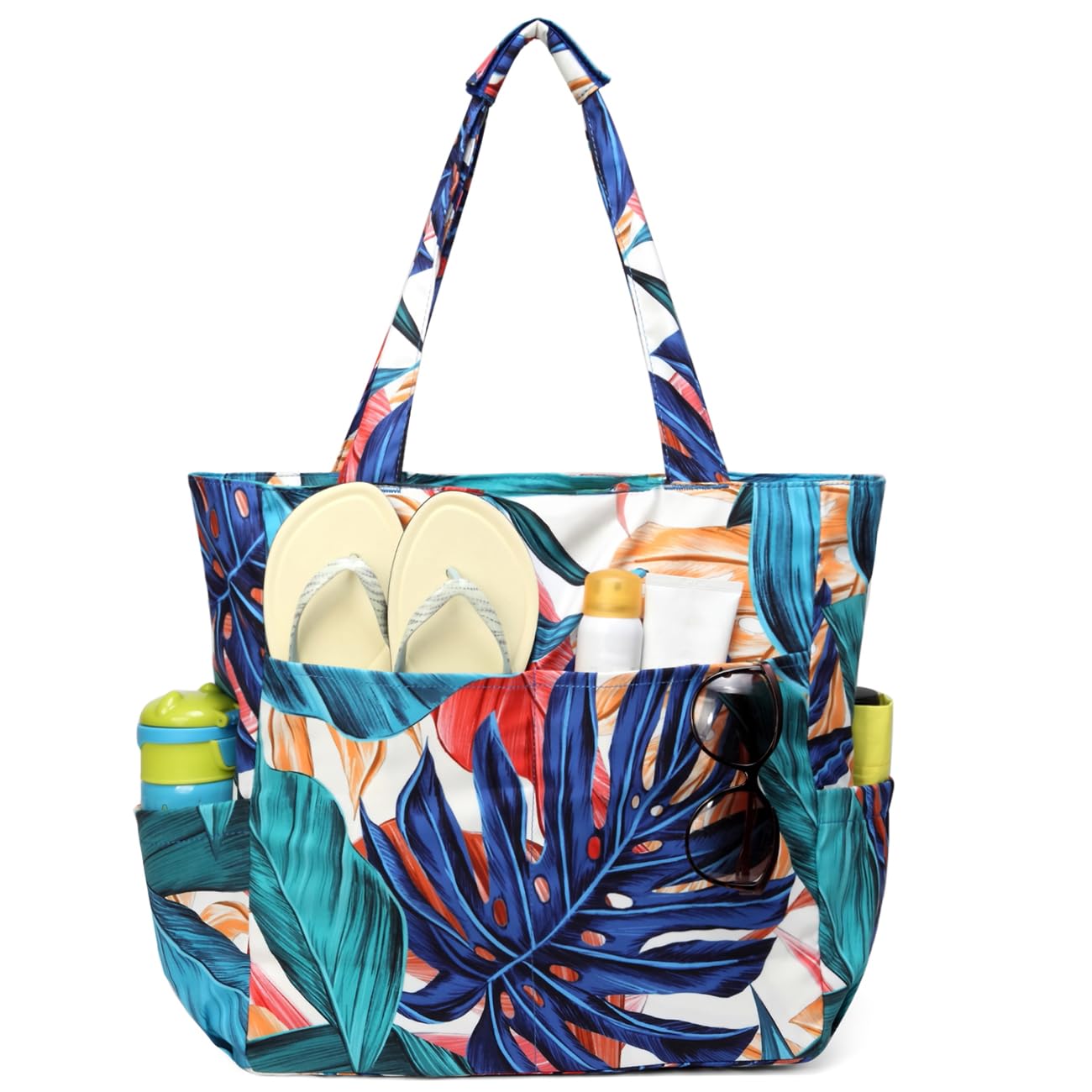 Kasgo Foldable Beach Bags for Women with Zip, 22.7L Water Resistant Medium Summer Holiday Beach Tote Bag Lightweight Sandproof Shoulder Handbags for Travel Gym Shopping Work Swimming Pool Palm Leaf