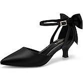 Carcuume Women's Kitten Heels with Bow Closed Toe Sandals Ankle Strap Wedding Pump Shoes