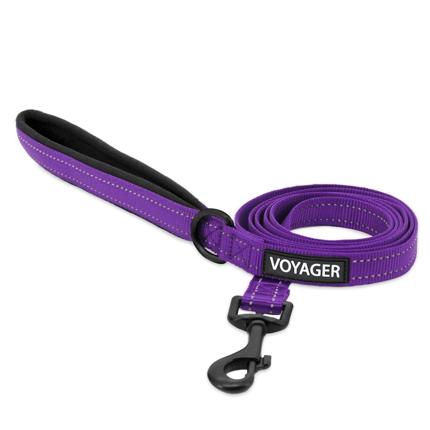 Voyager Reflective Dog Leash with Neoprene Handle, 5ft Long, Supports Small, Medium, and Large Breed Puppies, Cute and Heavy Duty for Walking, Running, and Training - Purple (Leash), M