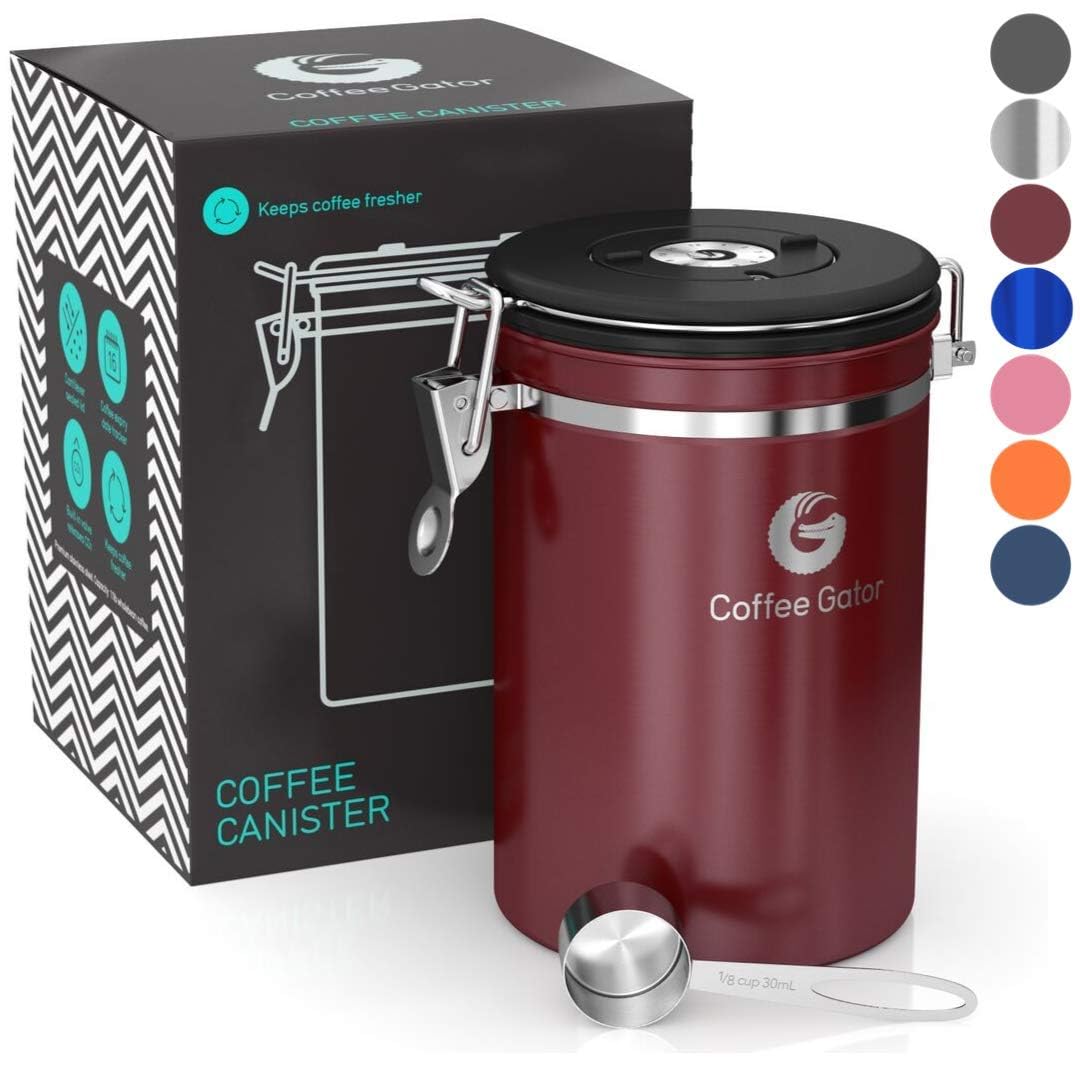 Coffee Gator Coffee Canister Airtight 1900 mL, Stainless Steel Kitchen Food Storage Container with Date Tracker, CO2 Valve, Scoop for Grounds Coffee, Beans,Tea, Sugar, Flour, Snacks