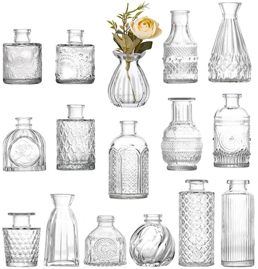 Photo 1 of 16 Pack Glass Bud Vase Set, Small Flower Vase Set Bud Vases for Wedding Centerpiece Table Decor, Vintage Small Vases for Room Home Dining Party Table Center Decor (Clear Set, 16 Pack)