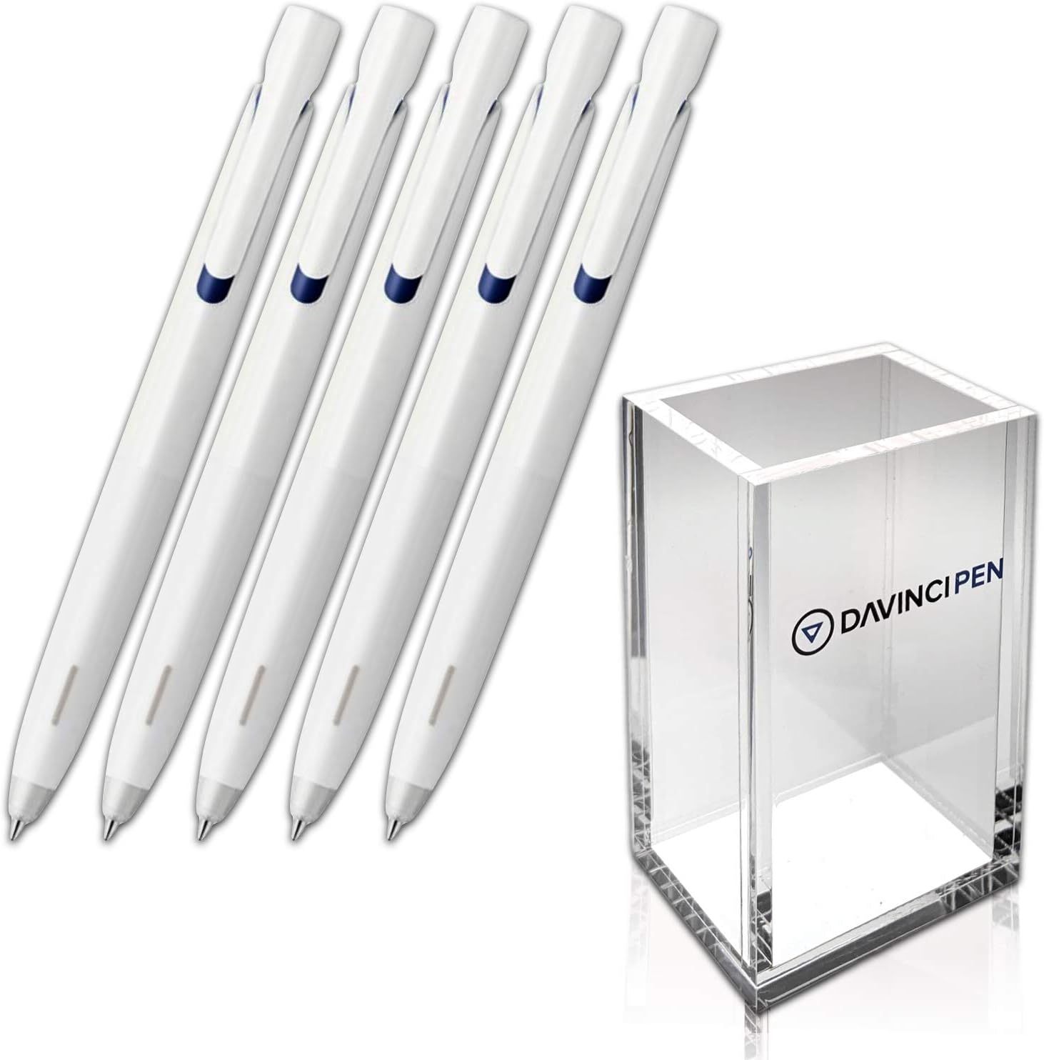 Emulsion ballpoint pen White body 0.5mm (blue ink) pack of 5 with DAVINCIPEN Acrylic Pen Holder clear