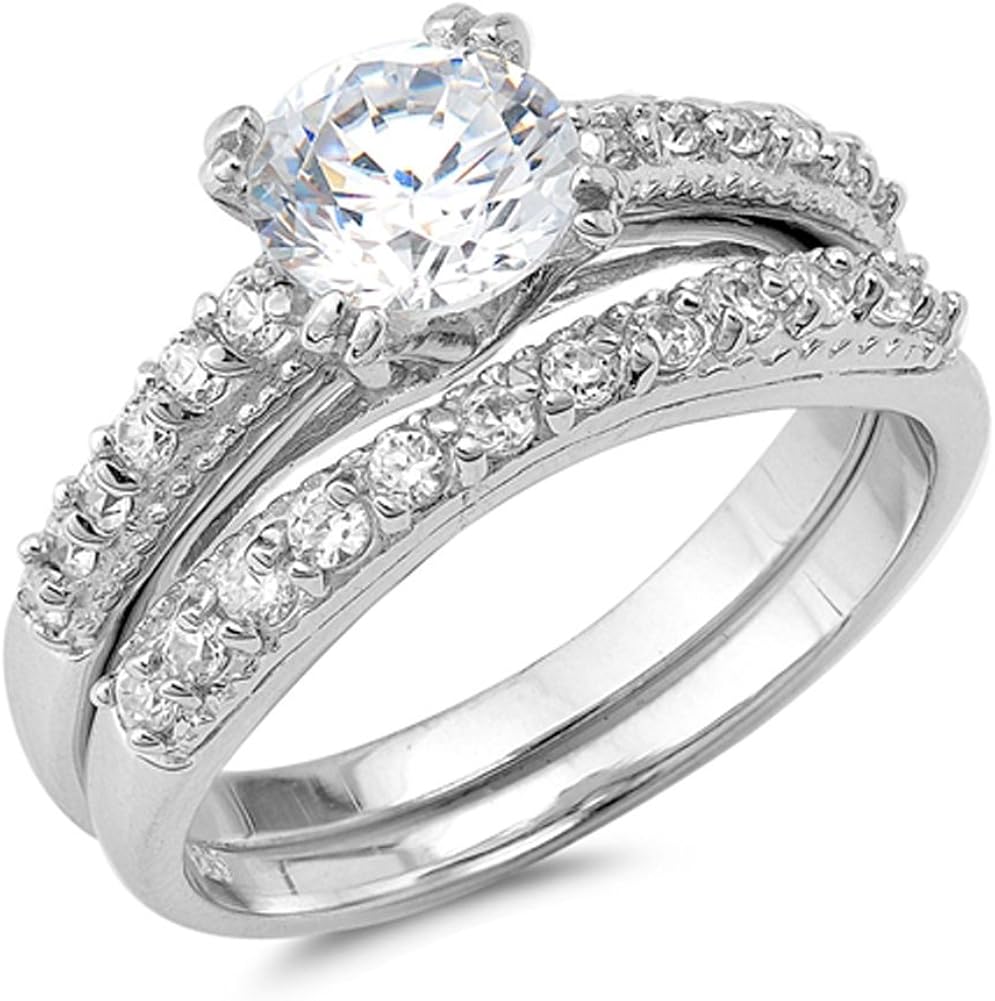Round Clear CZ Vintage Wedding Ring Set New .925 Sterling