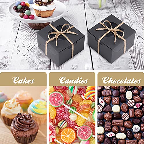 VGoodall 14 PCS Black Bakery Boxes with Window Cupcake Gift Boxes,18M Linen Ribbon for Bakery Wrapping Party Favor Packing
