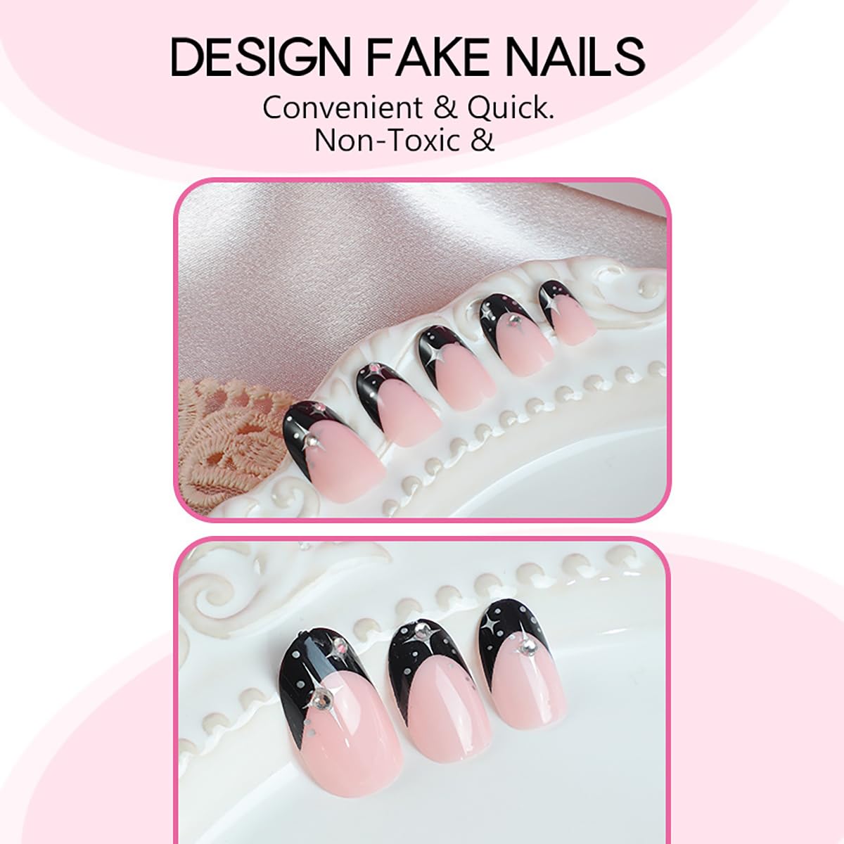 24Pcs Black French Tip Press on Nails Short Almond Shape Fake Nails with Silver Star Rhinestones Design Cute False Nails Nude Pink Full Cover Stick on Nails Glossy Acrylic Glue on Nails for Women Girl - Image 5
