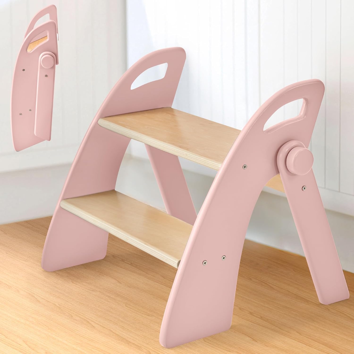 Photo 1 of Reeple Wooden Step Stool, Two Step Stools, 300 lb. Load Capacity, with Safety Non-Slip Pads and Handles, Bamboo Step Stool for Bathroom and Kitchen, Children's Double Height Step Stools(Pink)