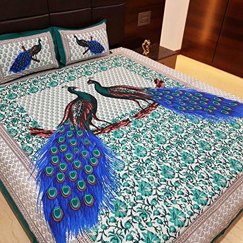 Jaipur Nagri Lucky Peacock Collection Cotton Bed Sheet Double with Pillow Cover King Size - Green Abstract