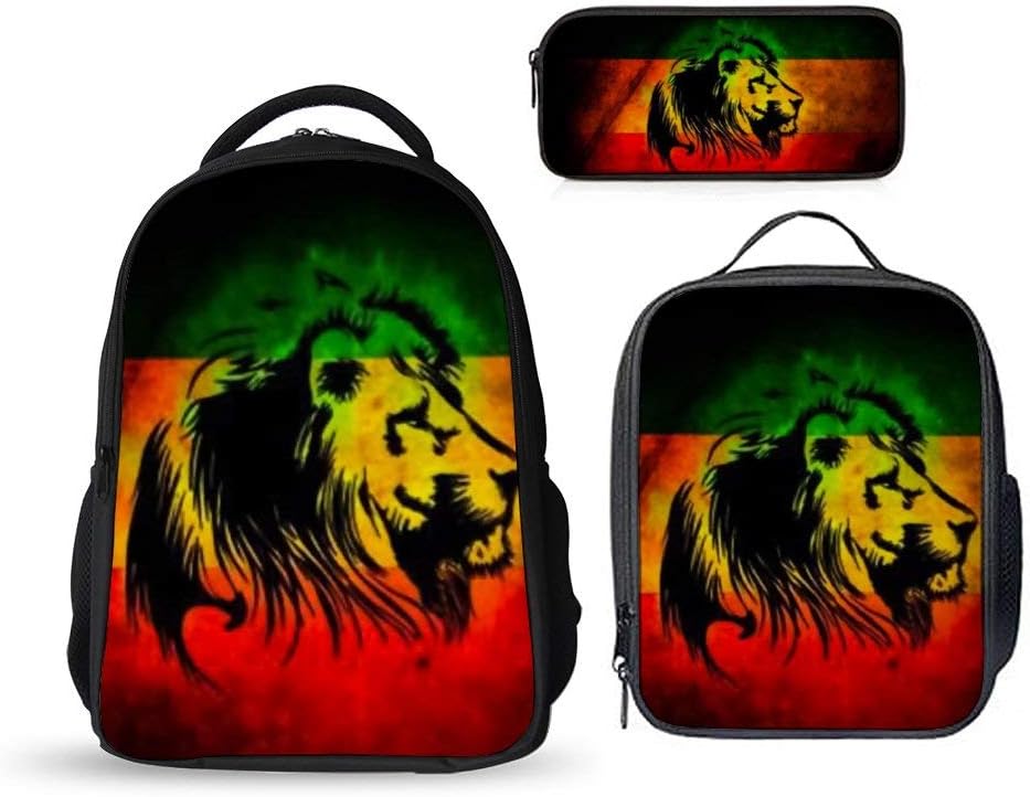 SARA NELL Reggae Rasta Lion Green Yellow Red Boys Girls Backpack Daypack Set 3 Pieces School Bookbag Lunchbox Pencil Bag