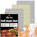 BBQ Grill Mesh Mat Set of 3 - Non Stick Barbecue Grill Sheet Liners Teflon Grilling Mats Nonstick Fish Vegetable Smoking Accessories - Works on Smoker,Pellet,Gas, Charcoal Grill,15.75x13inches