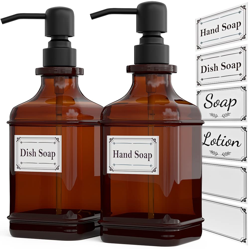 Photo 1 of GLADPURE Soap Dispenser 2 Pack, Hand Soap Dispensers with 18 Oz Antique Design Thick Amber Glass Bottle, 316 Rust Proof Stainless Steel Black Pump, 6Pcs Stickers, for Lotion, Soap, Essential Oil
